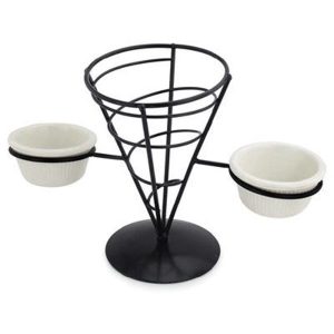 0013682-omcan-1-cone-french-fry-holder-with-two-2-oz-ramekins-holds-black-600